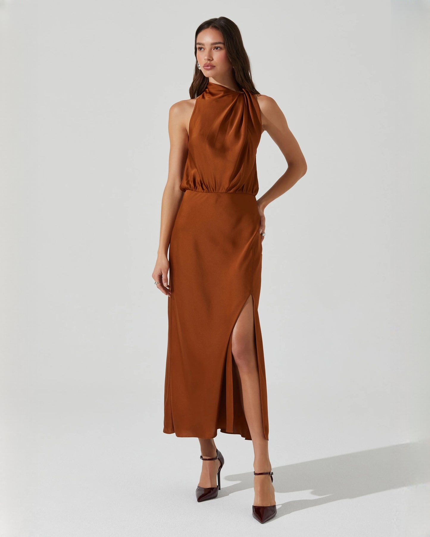 Romantic Formal Evening Sleeveless Satin A-Line Midi Bridesmaid Dress