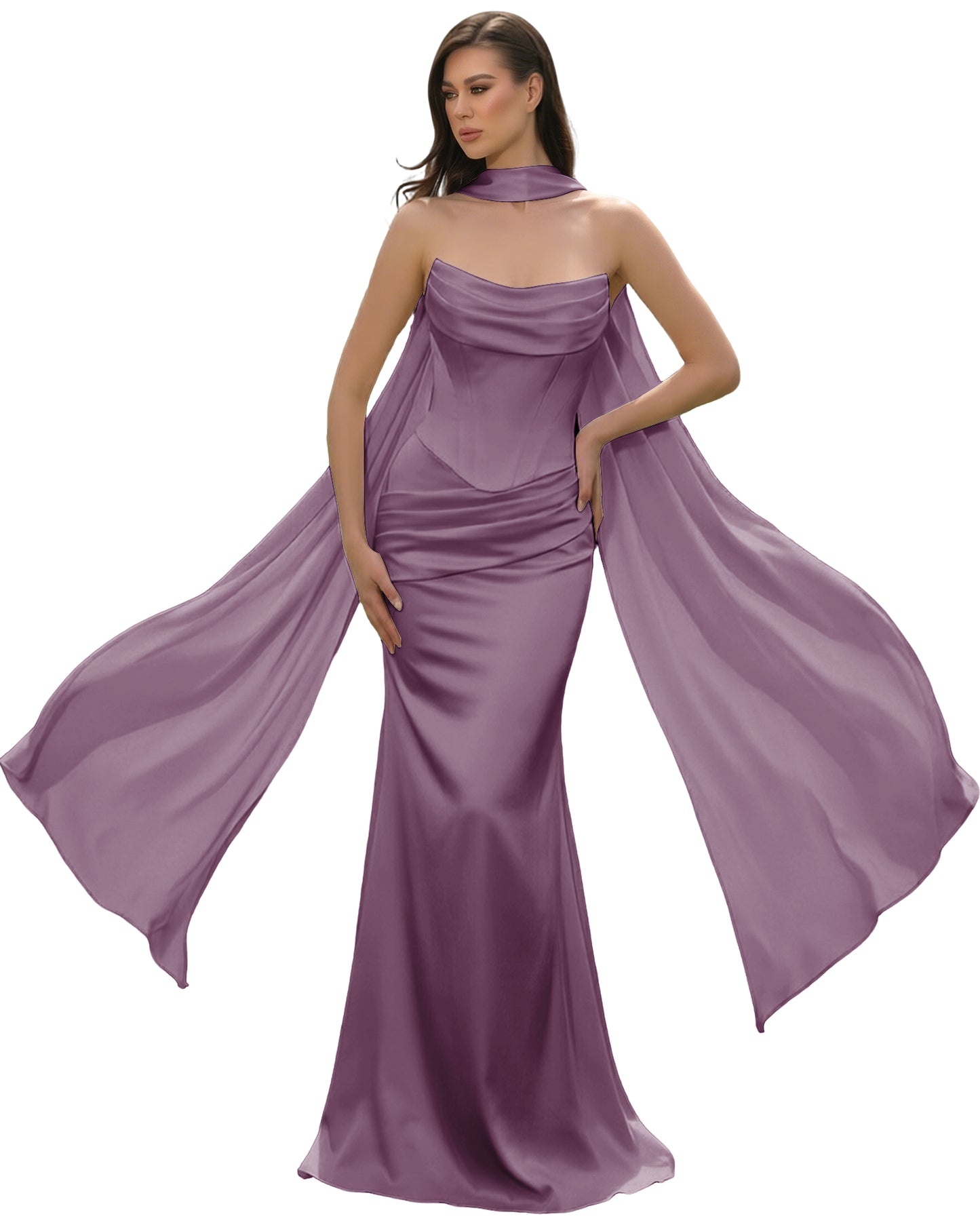 Satin Corset Mermaid Bridesmaid Dress with Cowl Neck and Dramatic Scarf