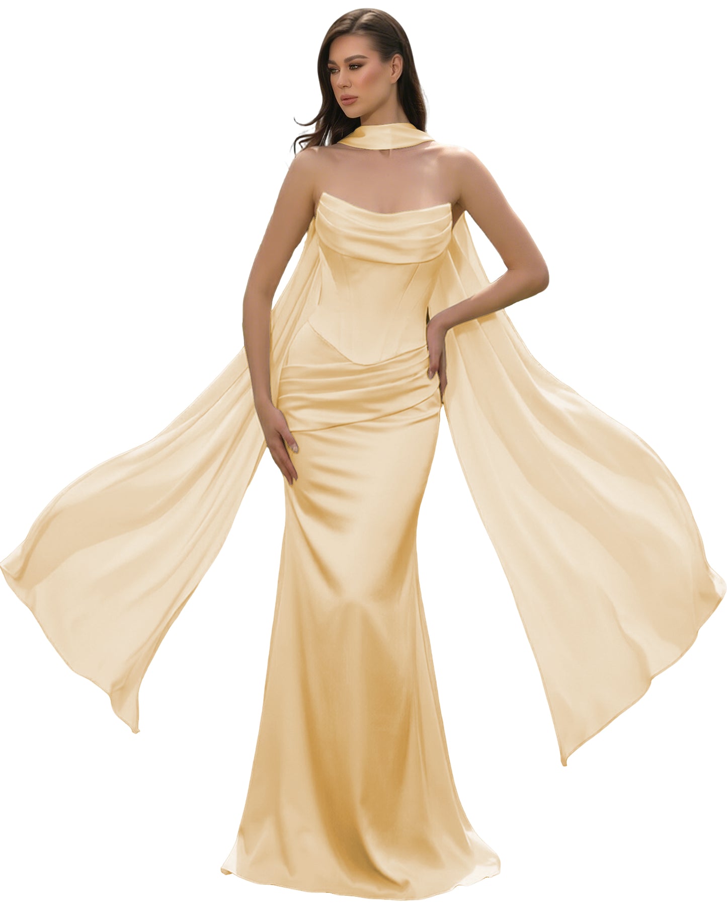 Satin Corset Mermaid Bridesmaid Dress with Cowl Neck and Dramatic Scarf