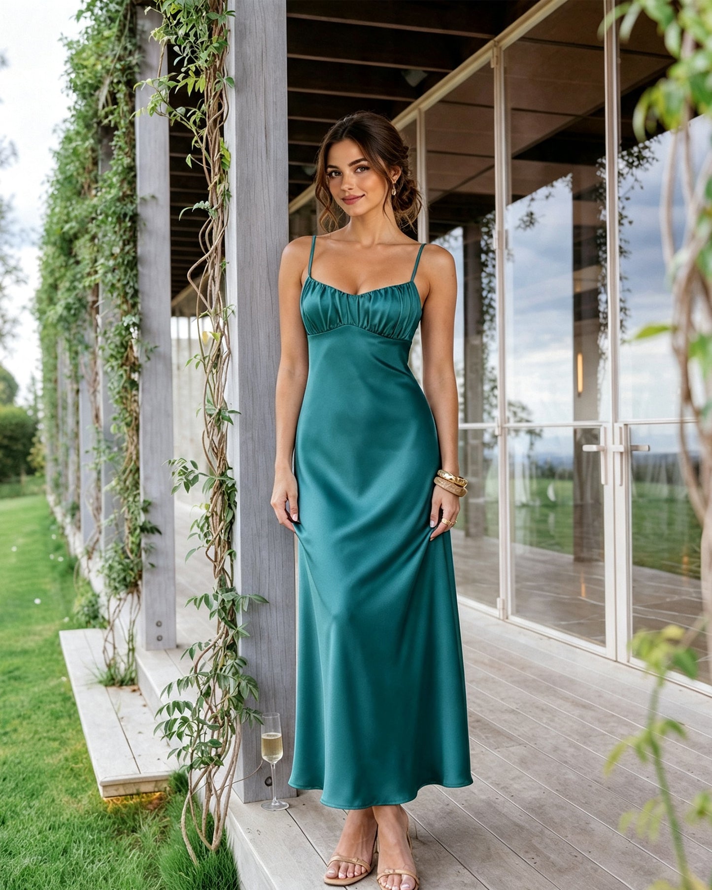 Spaghetti Strap Ruched Bust Satin Bridesmaid Dress with Tie-Back