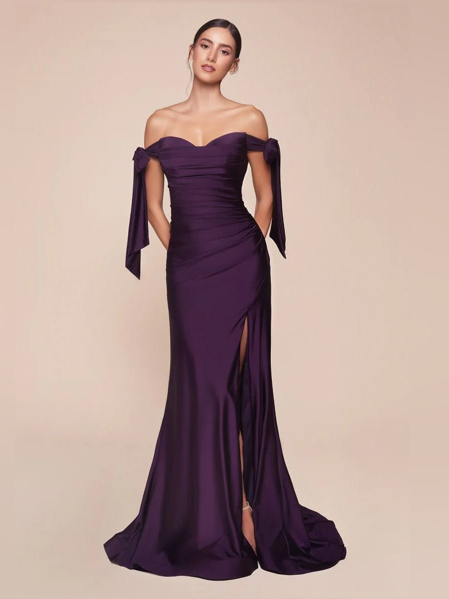 Ruched Draped Slit Sweetheart Mermaid Floor-Length Satin Prom Dress for Evening Ceremony