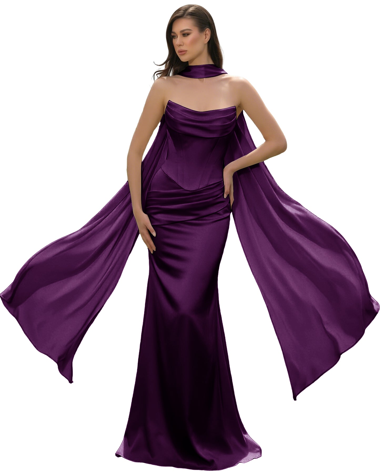 Satin Corset Mermaid Bridesmaid Dress with Cowl Neck and Dramatic Scarf