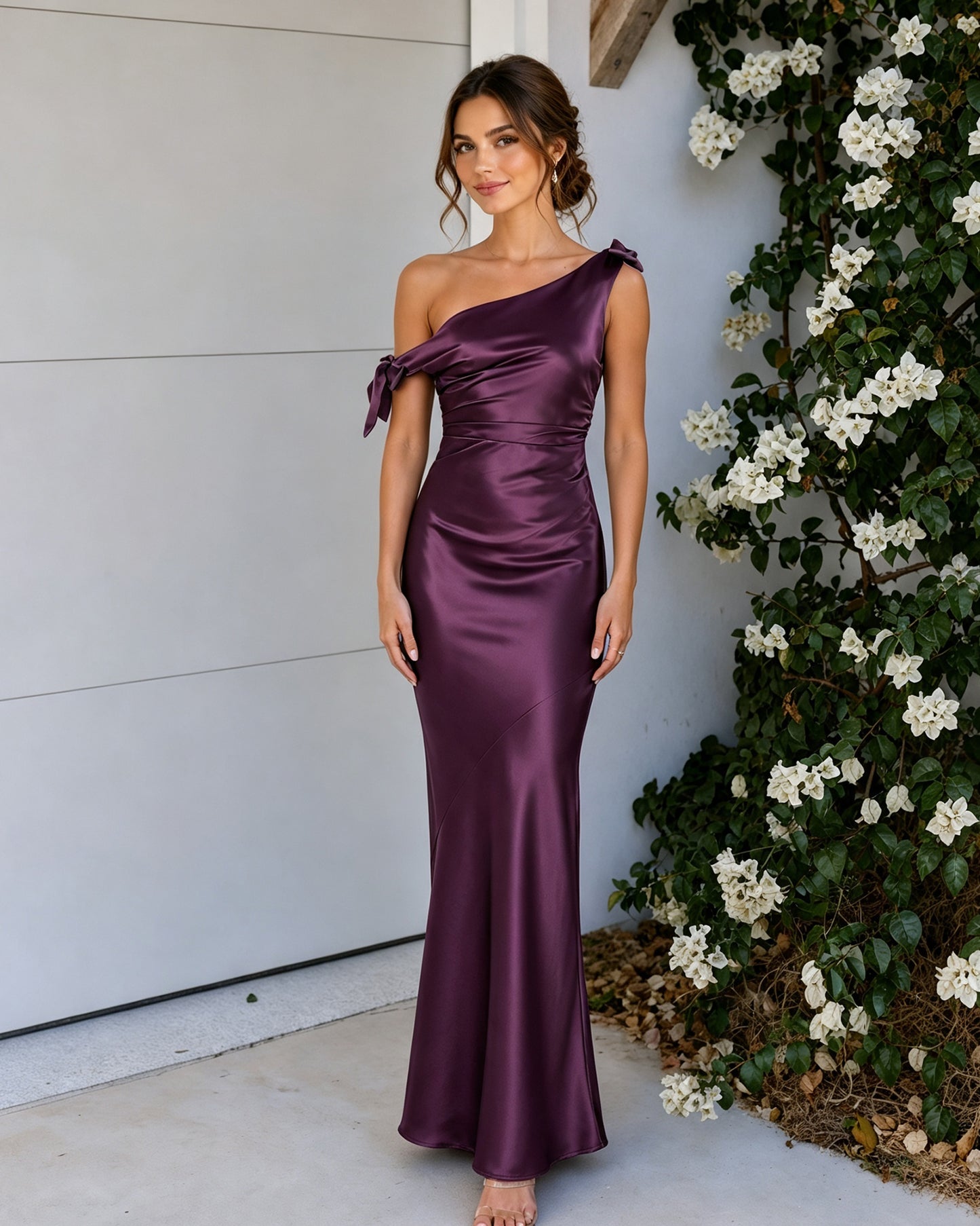 One-Shoulder Cowl Neck Satin Mermaid Bridesmaid Dress with Bow Straps