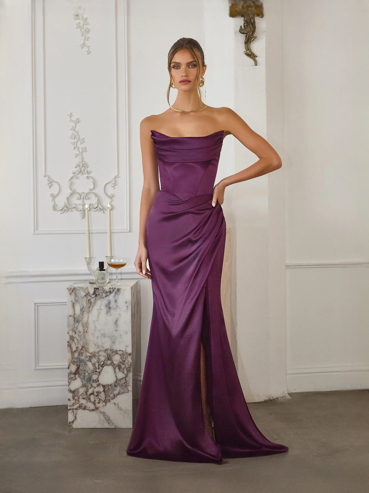 Draped Corset Slit Off Shoulder Mermaid Floor-Length Satin Prom Dress for Formal Dance