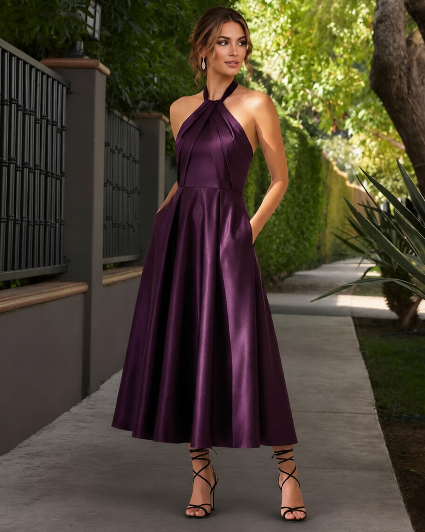 Halter Neck Satin Tea-Length Formal Dress with Open Back