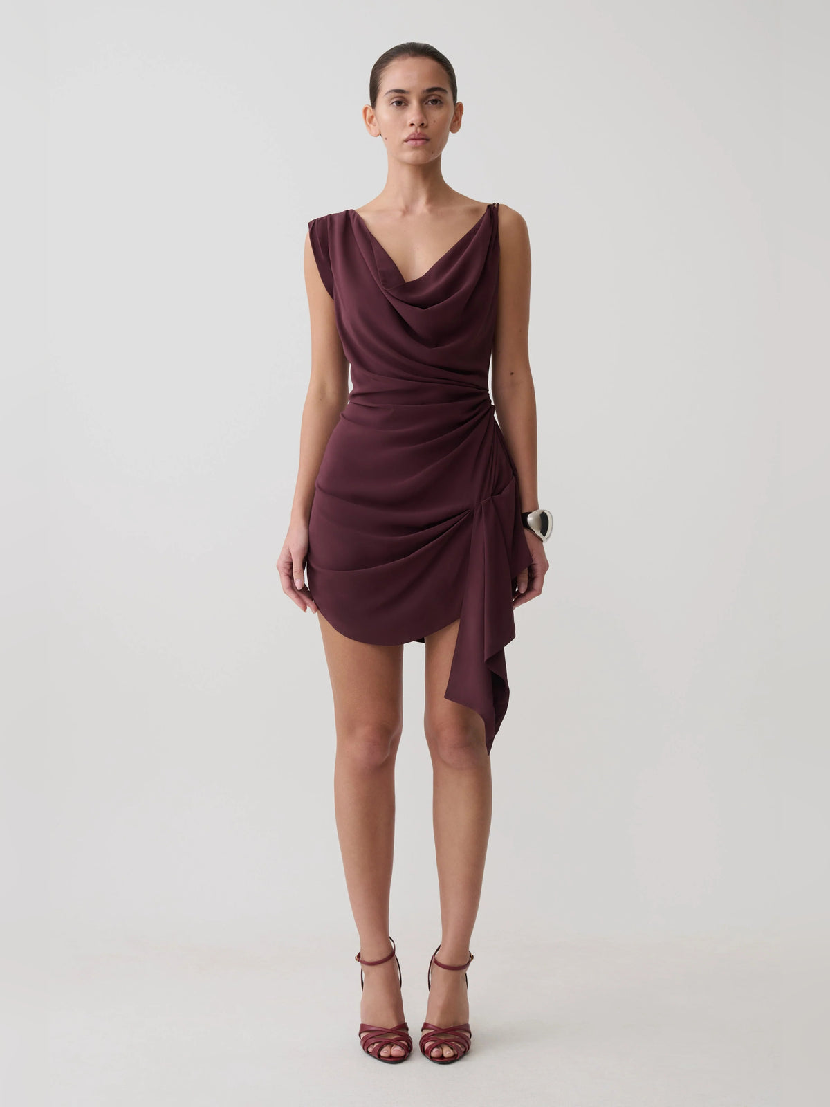 Draped Cowl Neck Mini Satin Homecoming Dress for Spring Formal