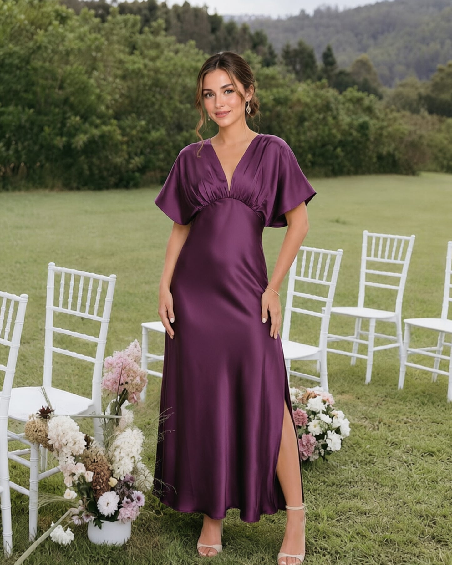 Empire Waist Satin Bridesmaid Dress with Flutter Sleeves and Side Slit