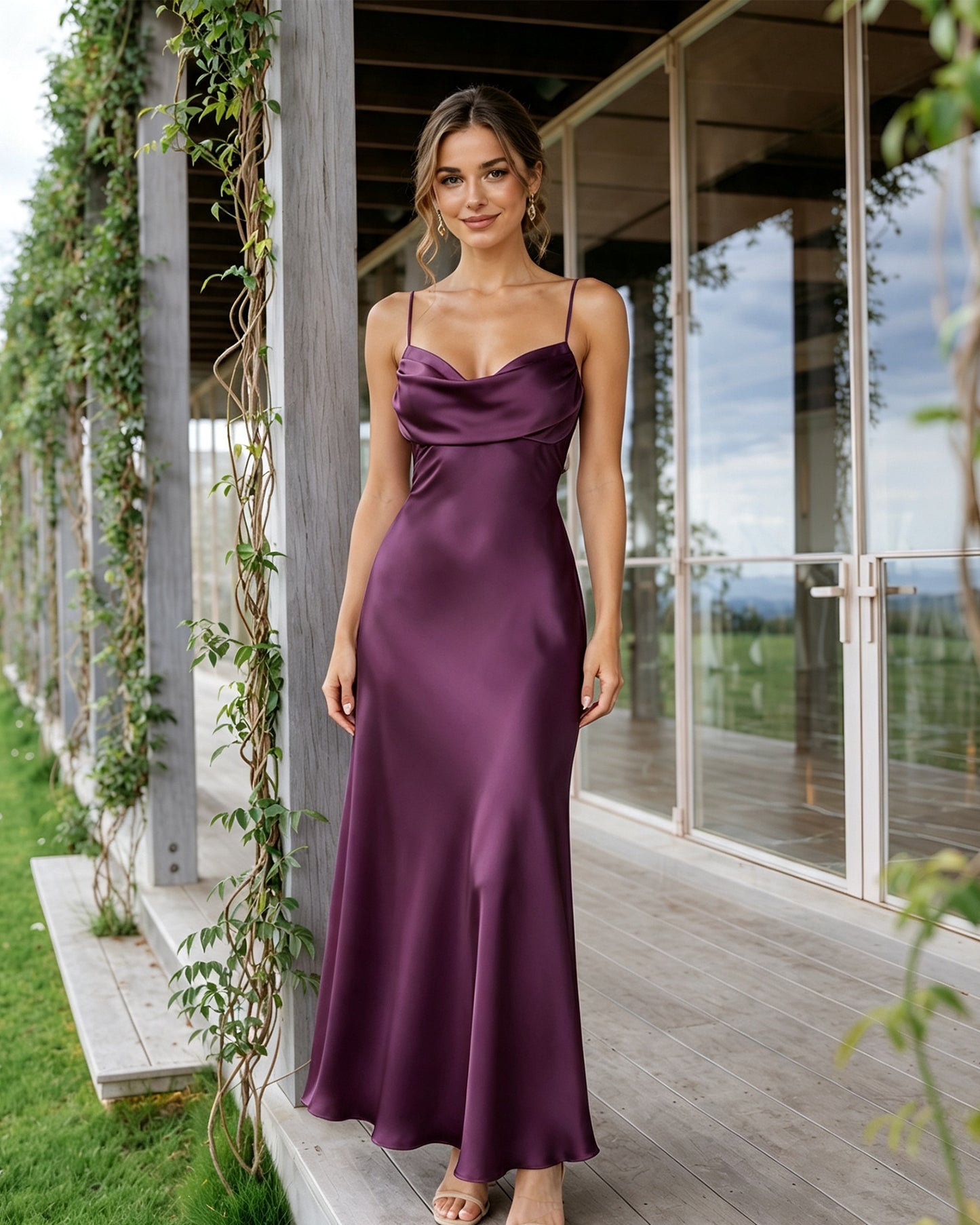 Cowl Neck Satin Bridesmaid Dress with Spaghetti Straps and Tie-Back