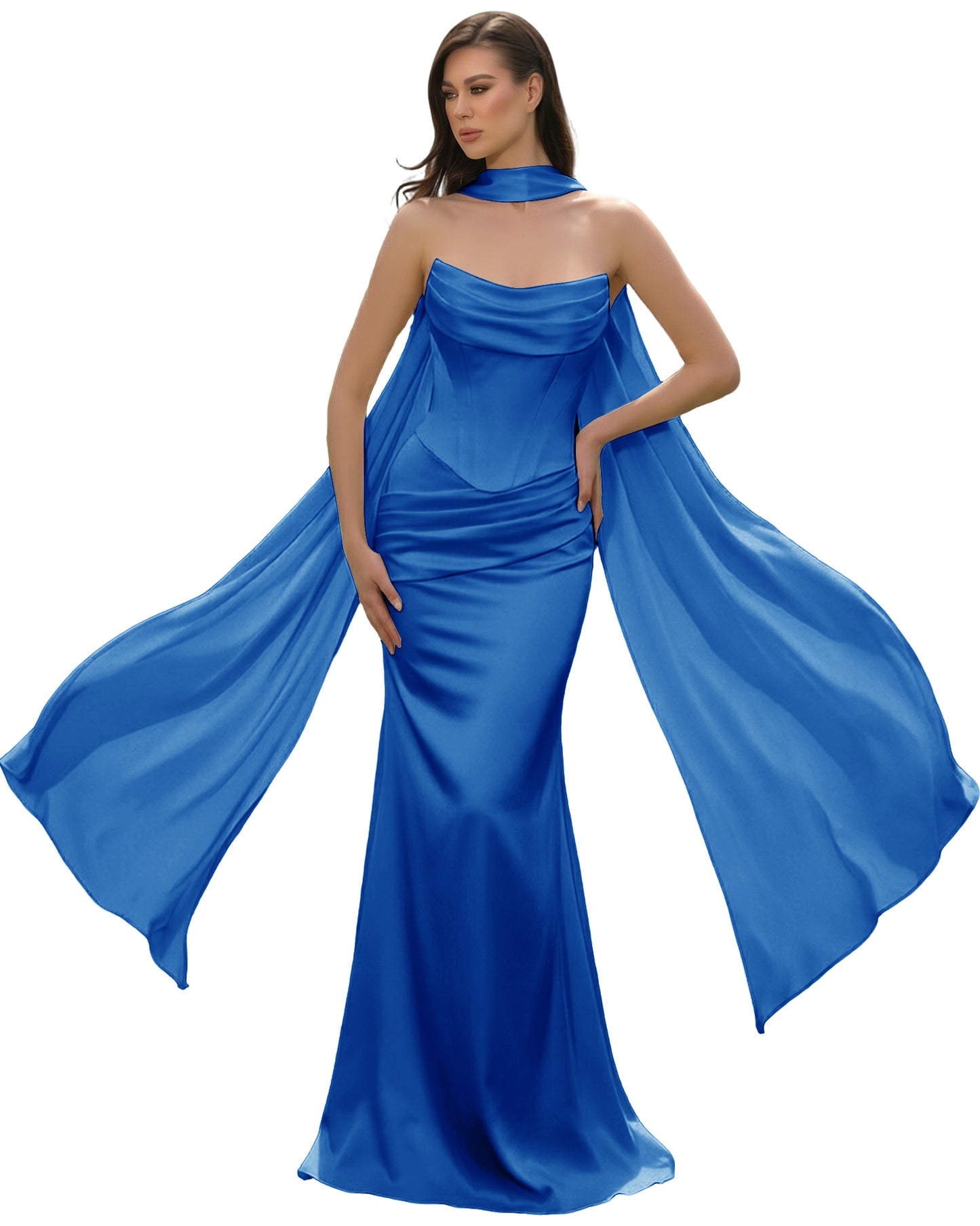 Satin Corset Mermaid Bridesmaid Dress with Cowl Neck and Dramatic Scarf