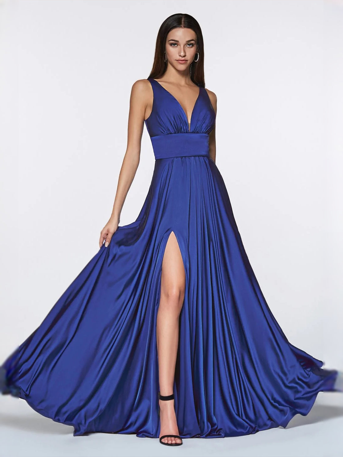 Slit V Neck A-Line Floor-Length Satin Prom Dress for Ballroom Event