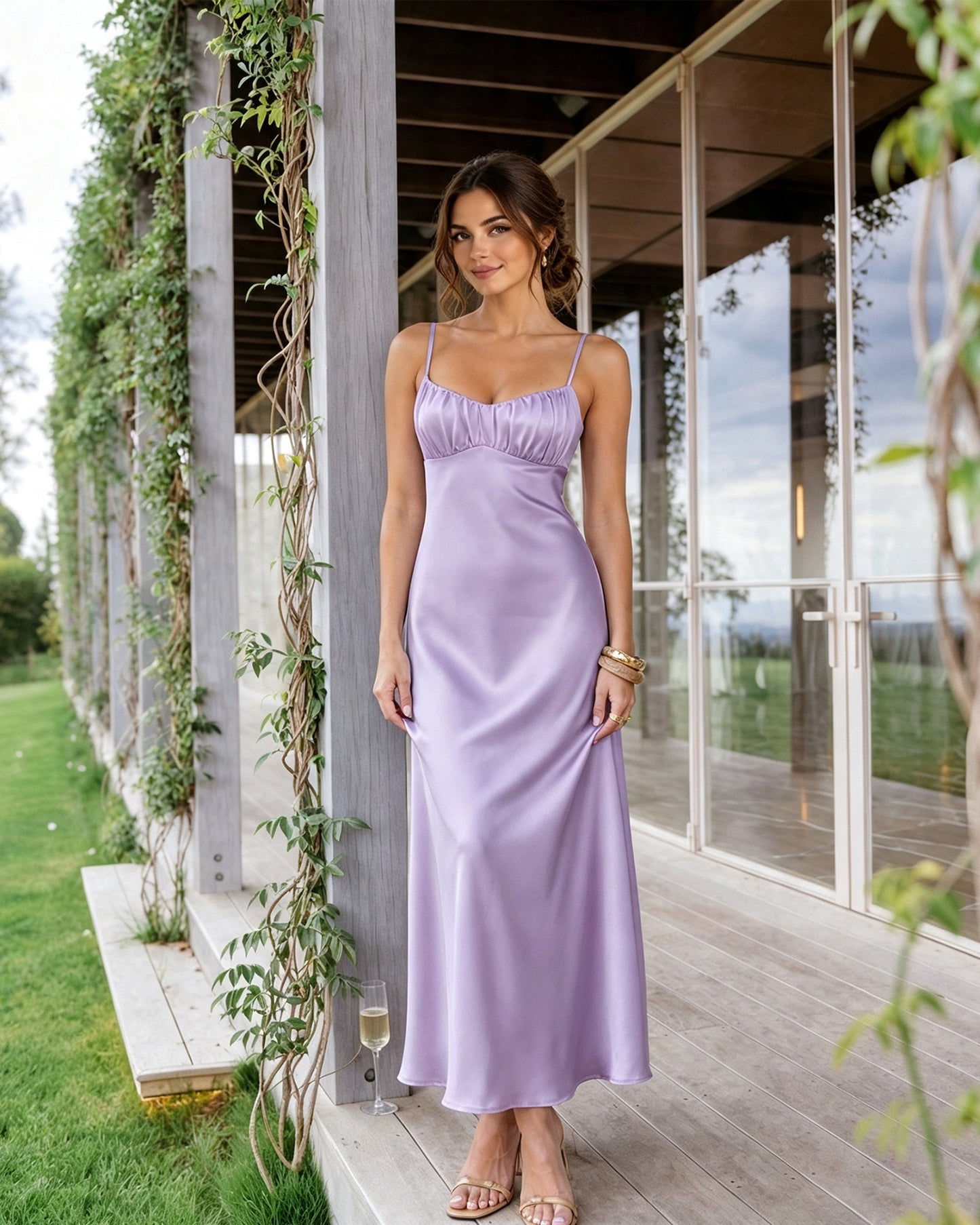Spaghetti Strap Ruched Bust Satin Bridesmaid Dress with Tie-Back