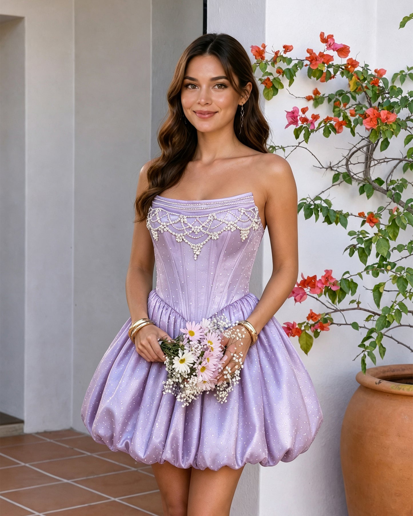Strapless Beaded Corset Bubble Hem Homecoming Dress