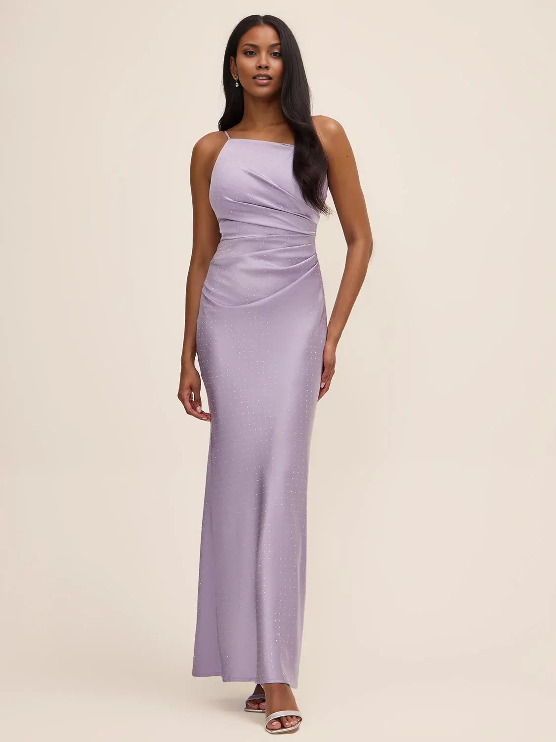 Ruched Rhinestone Asymmetrical Neck Sheath Maxi Satin Bridesmaid Dress for Destination Wedding