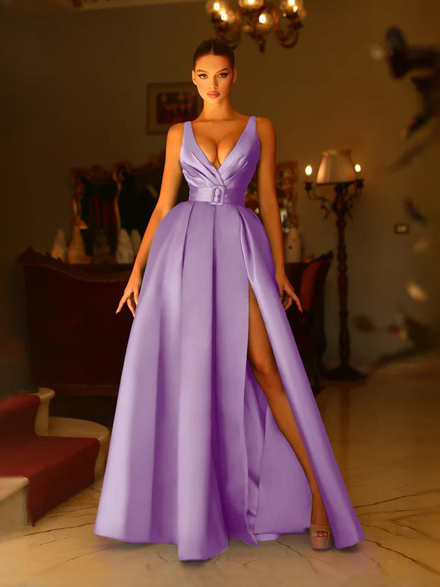 V Neck Slit A-Line Floor-Length Formal Dress
