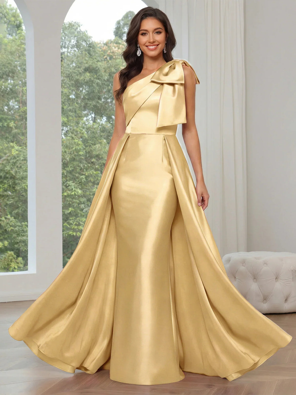 Bow Asymmetrical Neck A-Line Floor-Length Satin Prom Dress for Hotel Gala
