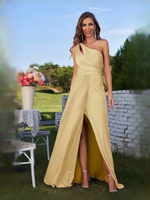 Cut-Out Front-Slit Slit One Shoulder A-Line Maxi Stretch Satin Bridesmaid Dress for Bridal Party