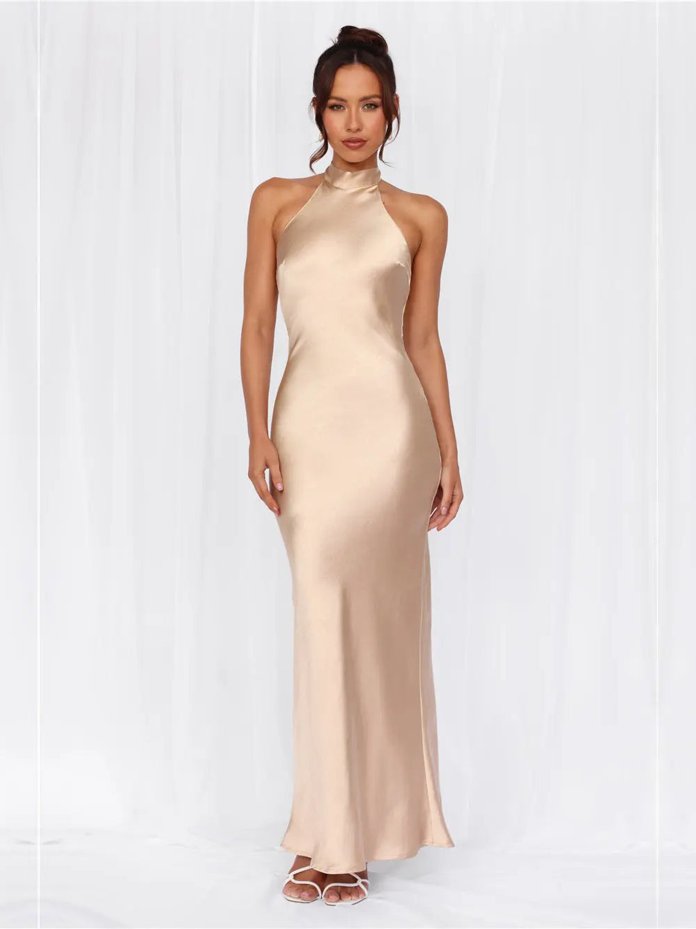 Halter Neck Sheath Satin Maxi Formal Dress