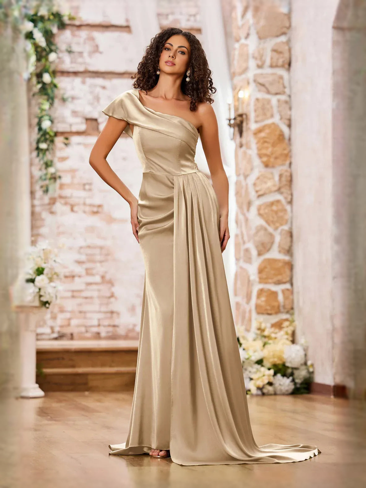 Draped Asymmetrical Neck Mermaid Floor-Length Satin Prom Dress for Special Occasion