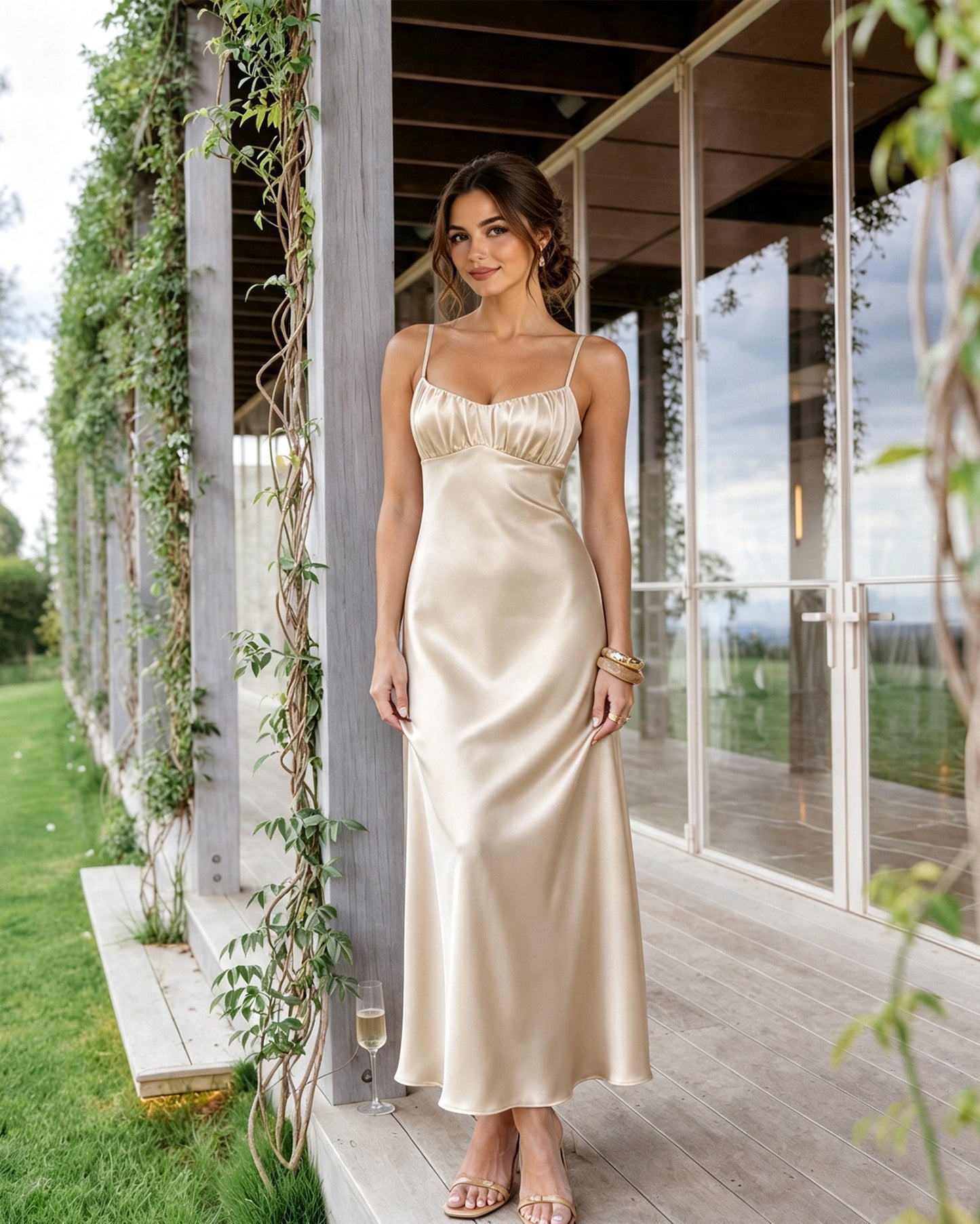 Spaghetti Strap Ruched Bust Satin Bridesmaid Dress with Tie-Back