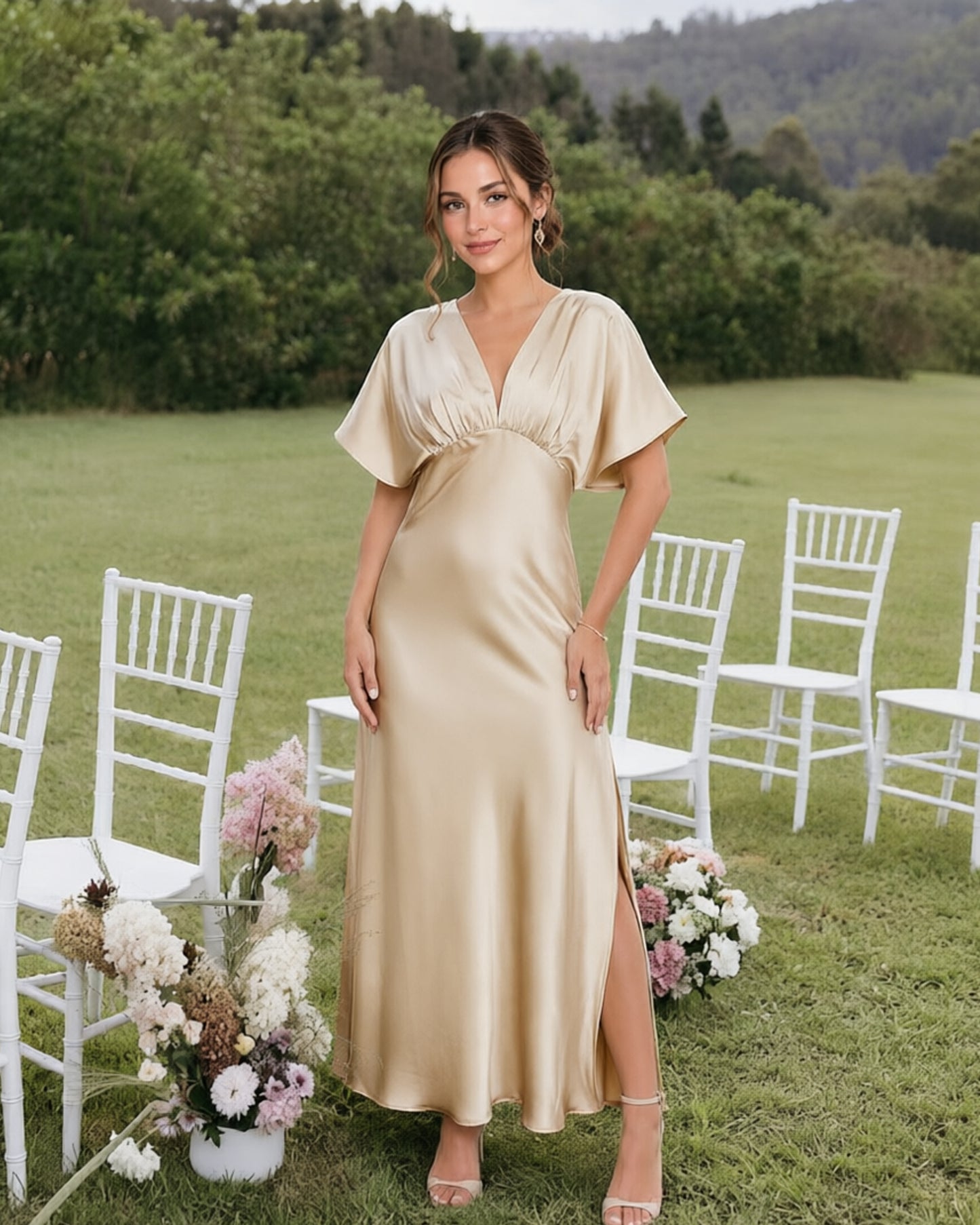 Empire Waist Satin Bridesmaid Dress with Flutter Sleeves and Side Slit