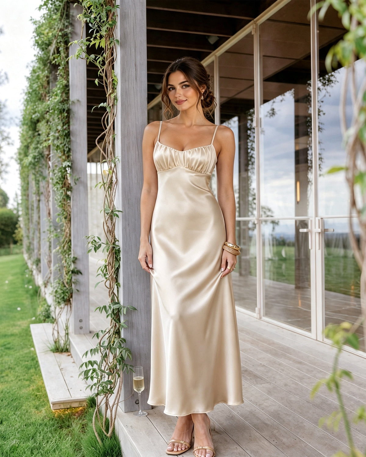 Spaghetti Strap Ruched Bust Satin Bridesmaid Dress with Tie-Back