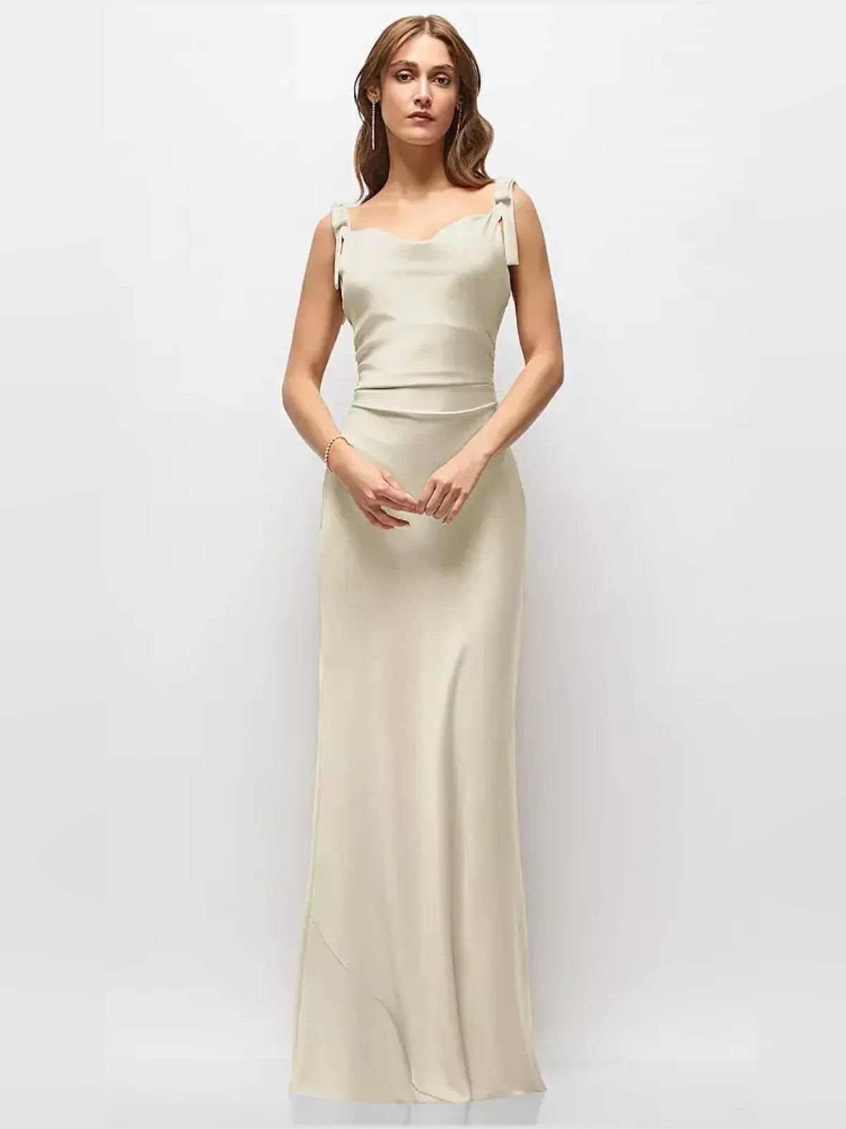 Ruched Bow Strapless Bodycon Maxi Satin Bridesmaid Dress for Bridal Party