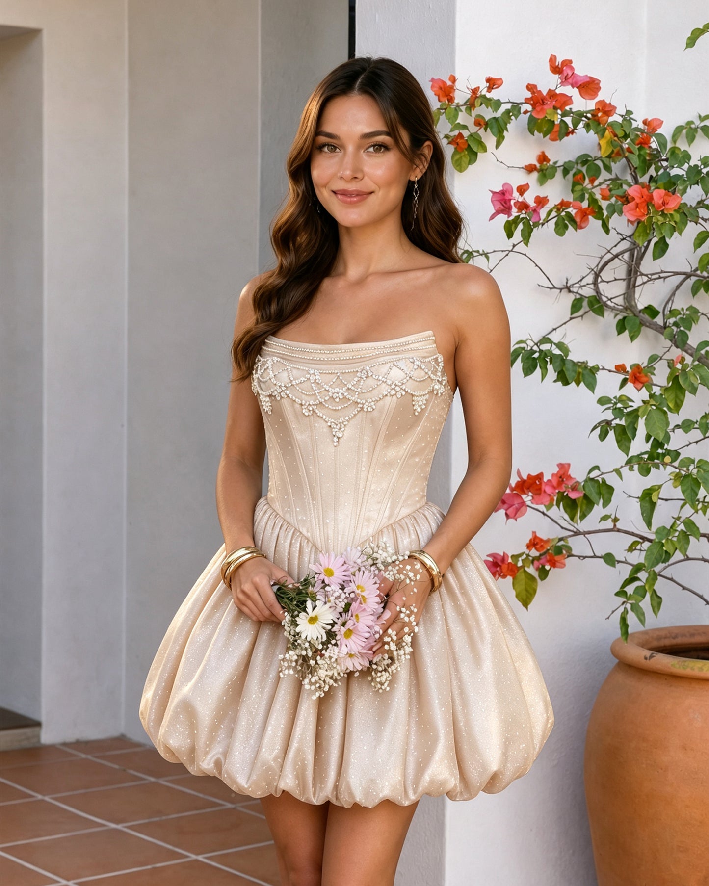 Strapless Beaded Corset Bubble Hem Homecoming Dress