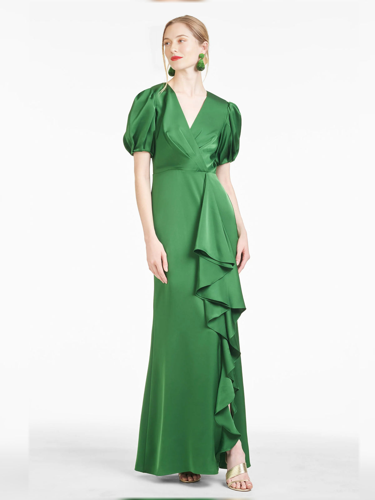 V Neck Puff Sleeves Ruffles Maxi Formal Dress