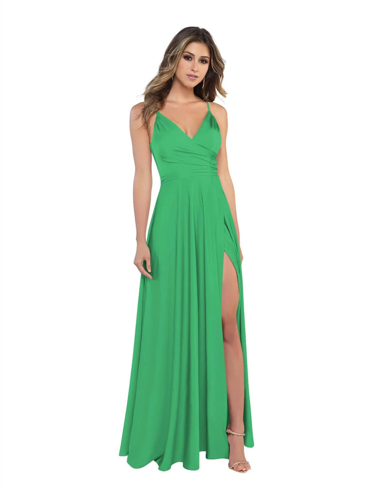 Slit V Neck A-Line Floor-Length Satin Bridesmaid Dress for Wedding Ceremony