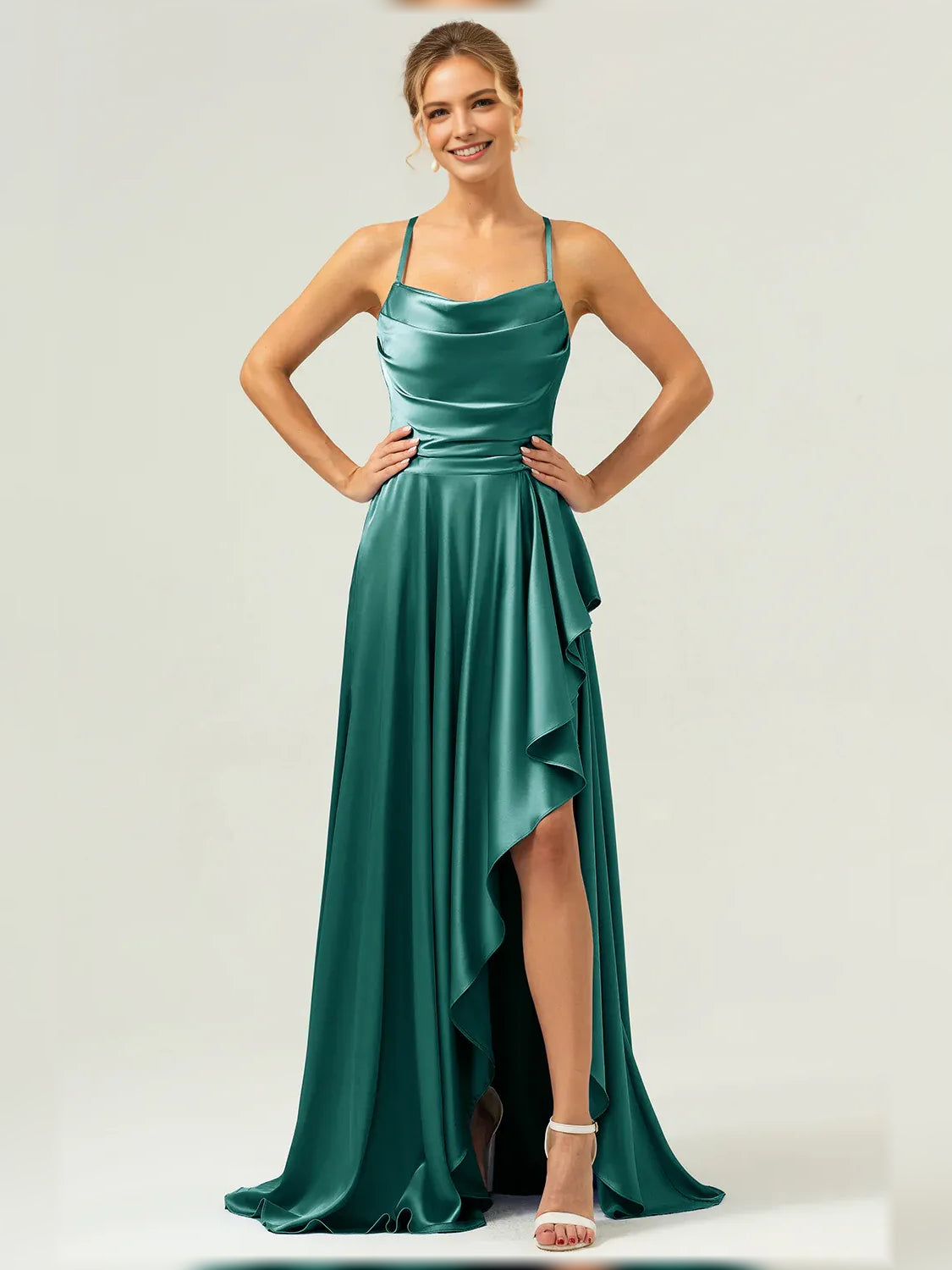 Cowl Neck Ruffles Slit Floor-Length Graceful Formal Dress