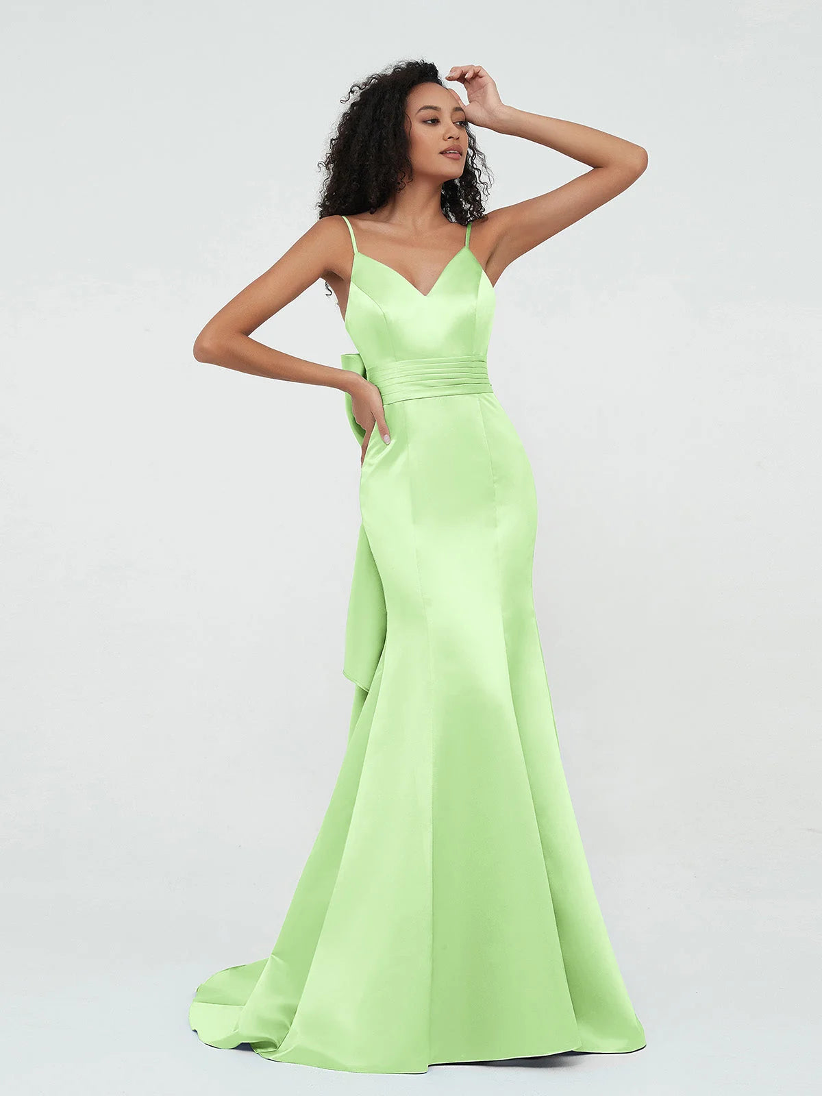 Draped Bow V Neck Mermaid Maxi Satin Prom Dress for Senior Prom
