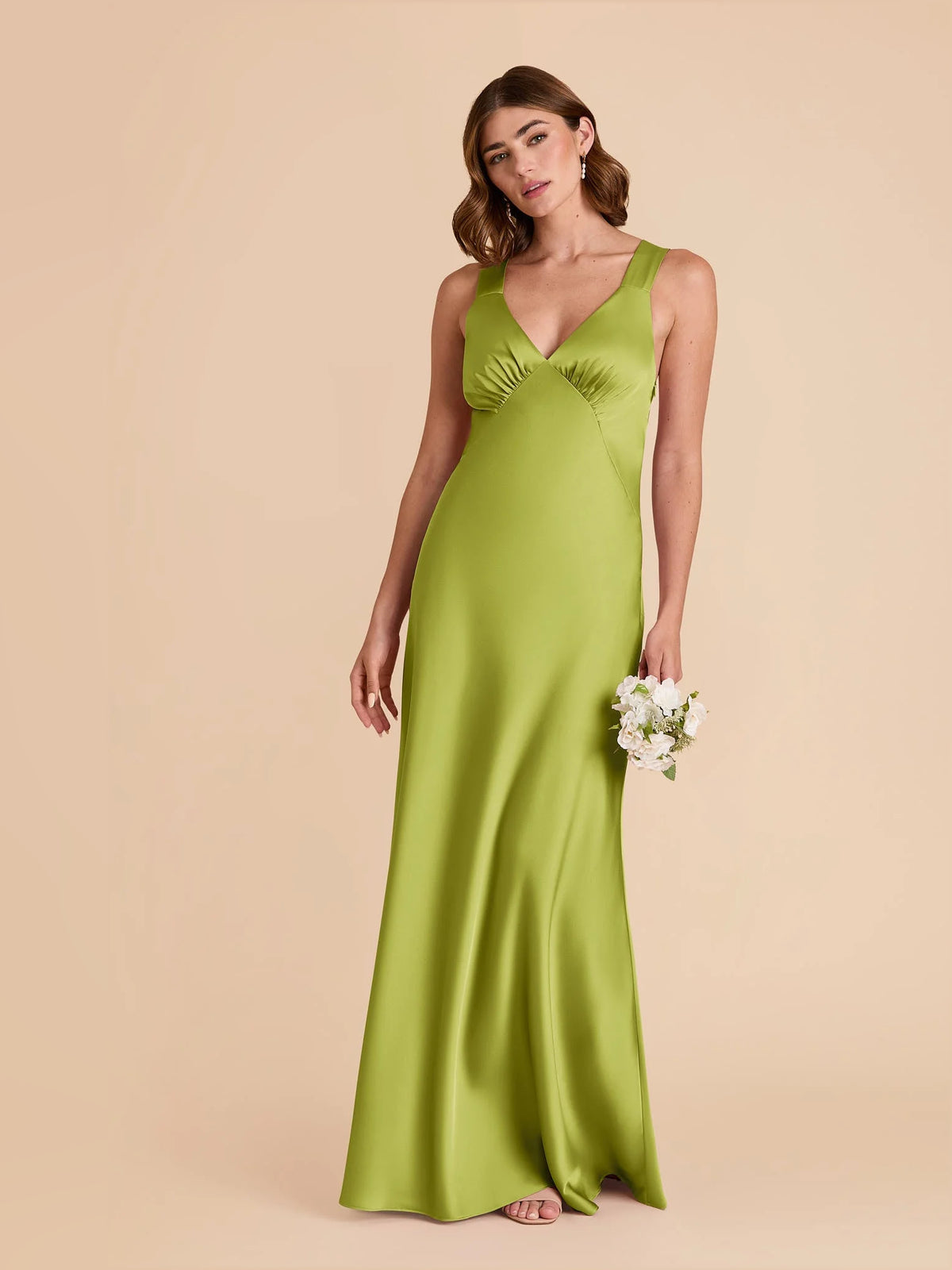 Ruched V Neck A-Line Maxi Satin Bridesmaid Dress for Church Wedding