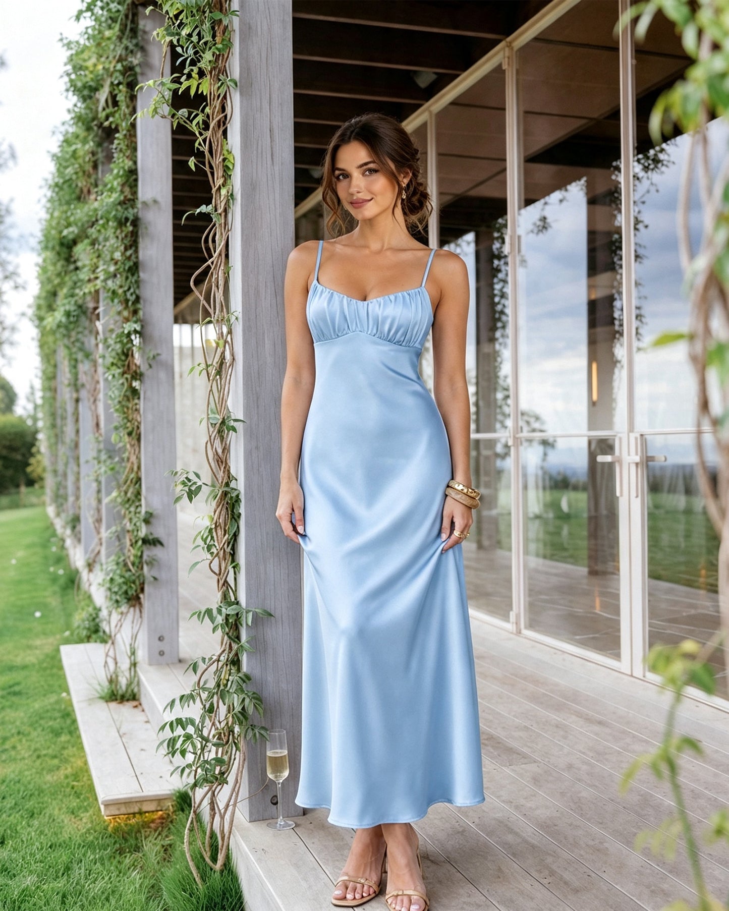 Spaghetti Strap Ruched Bust Satin Bridesmaid Dress with Tie-Back