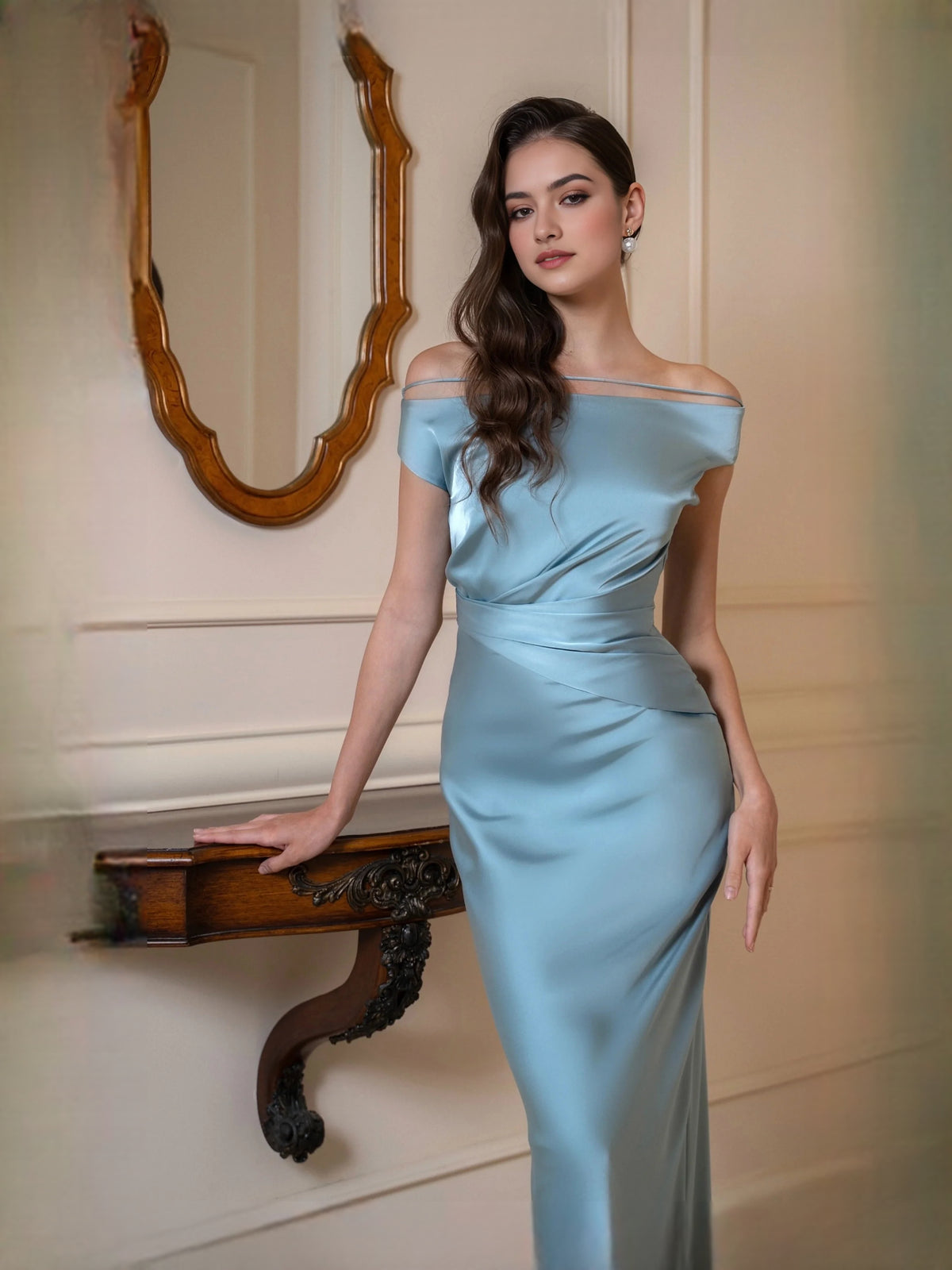 Draped Off Shoulder Mermaid Maxi Satin Prom Dress for Special Occasion