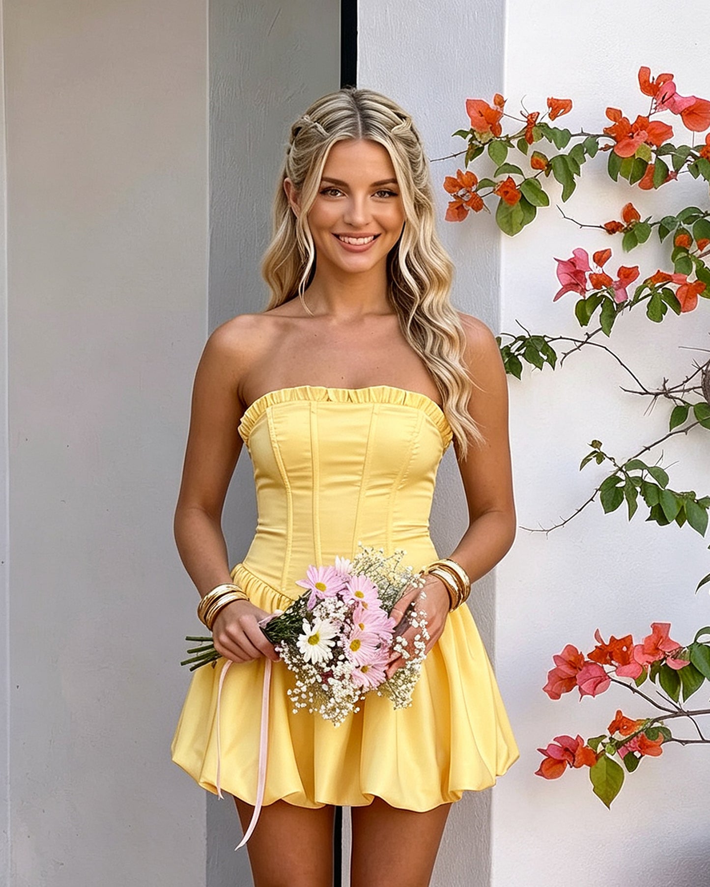 Strapless Satin Corset A-Line Short Homecoming Dress with Bubble Skirt