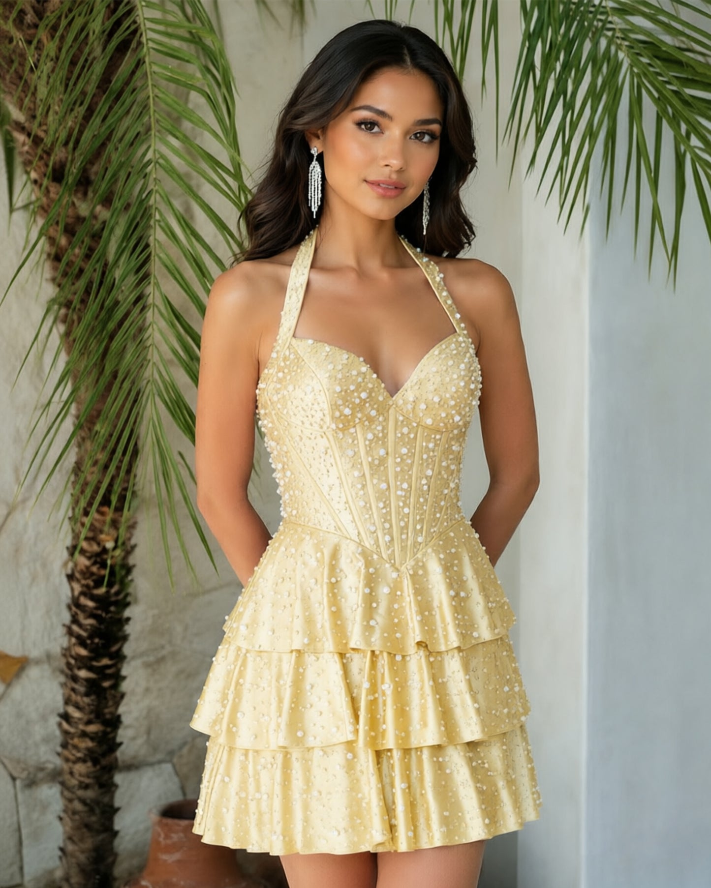 Halter Beaded Corset Tiered Homecoming Dress
