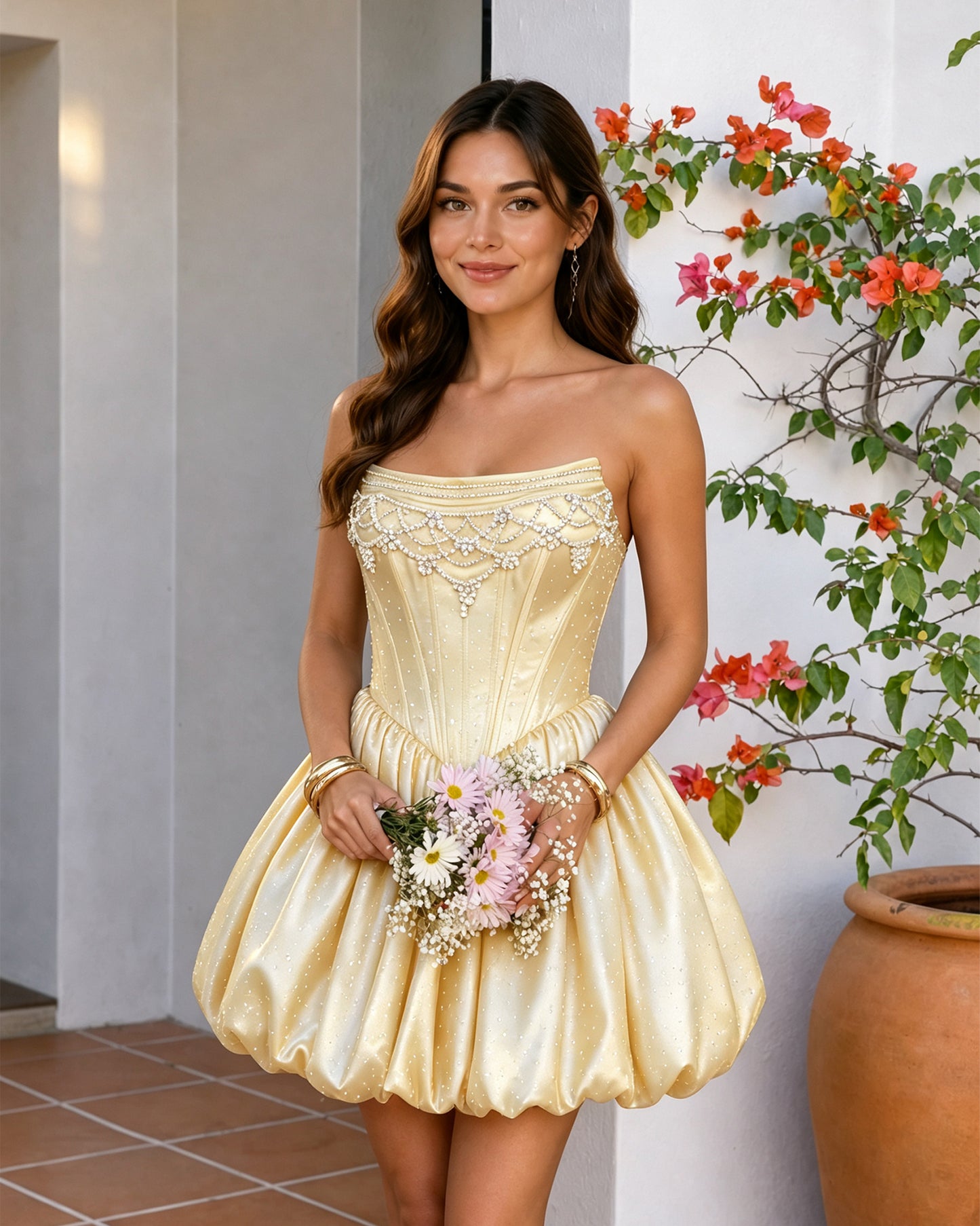 Strapless Beaded Corset Bubble Hem Homecoming Dress
