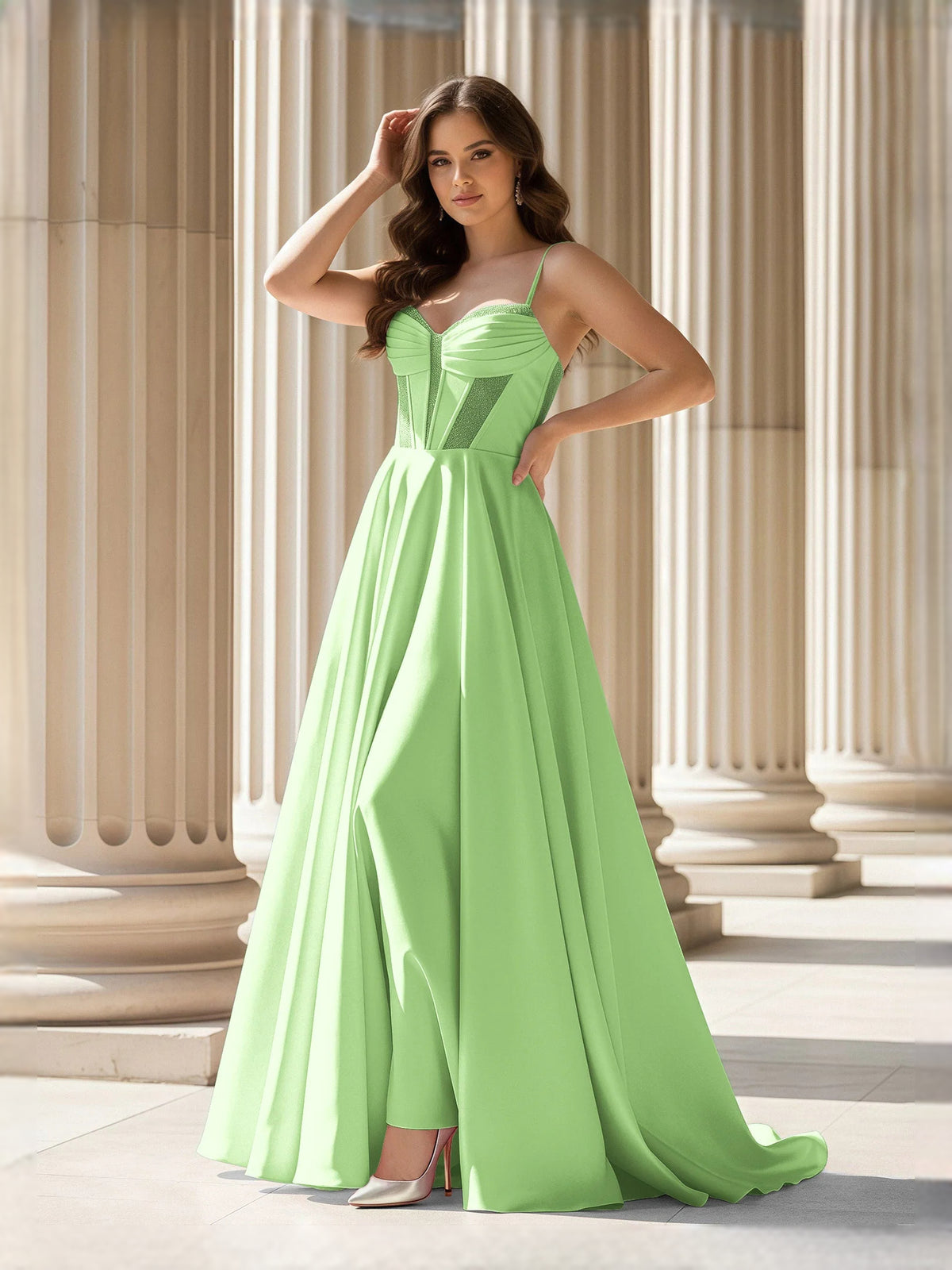 Draped Corset Slit Sweetheart A-Line Maxi Satin Prom Dress for Pageant