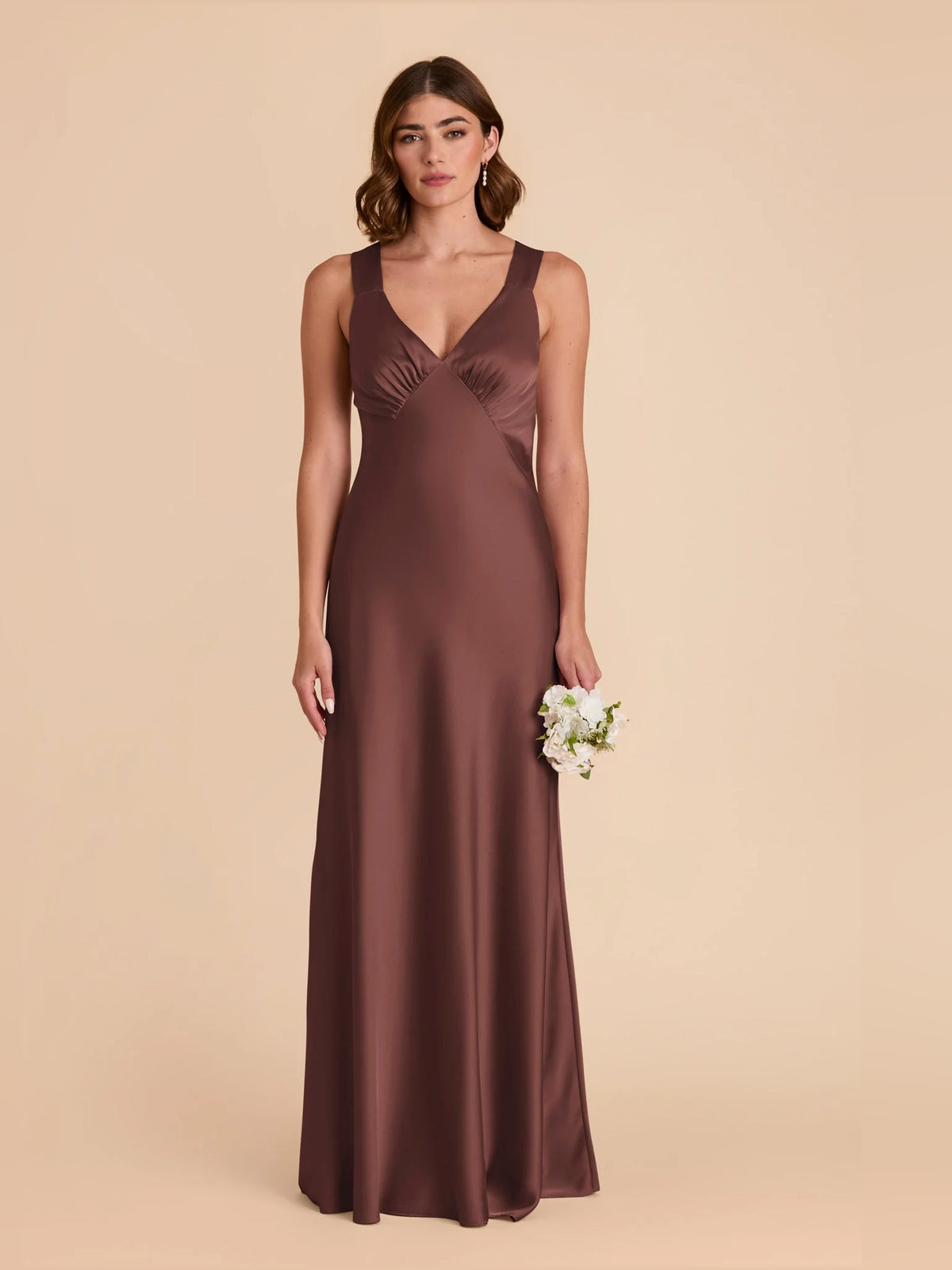 Ruched V Neck A-Line Maxi Satin Bridesmaid Dress for Church Wedding