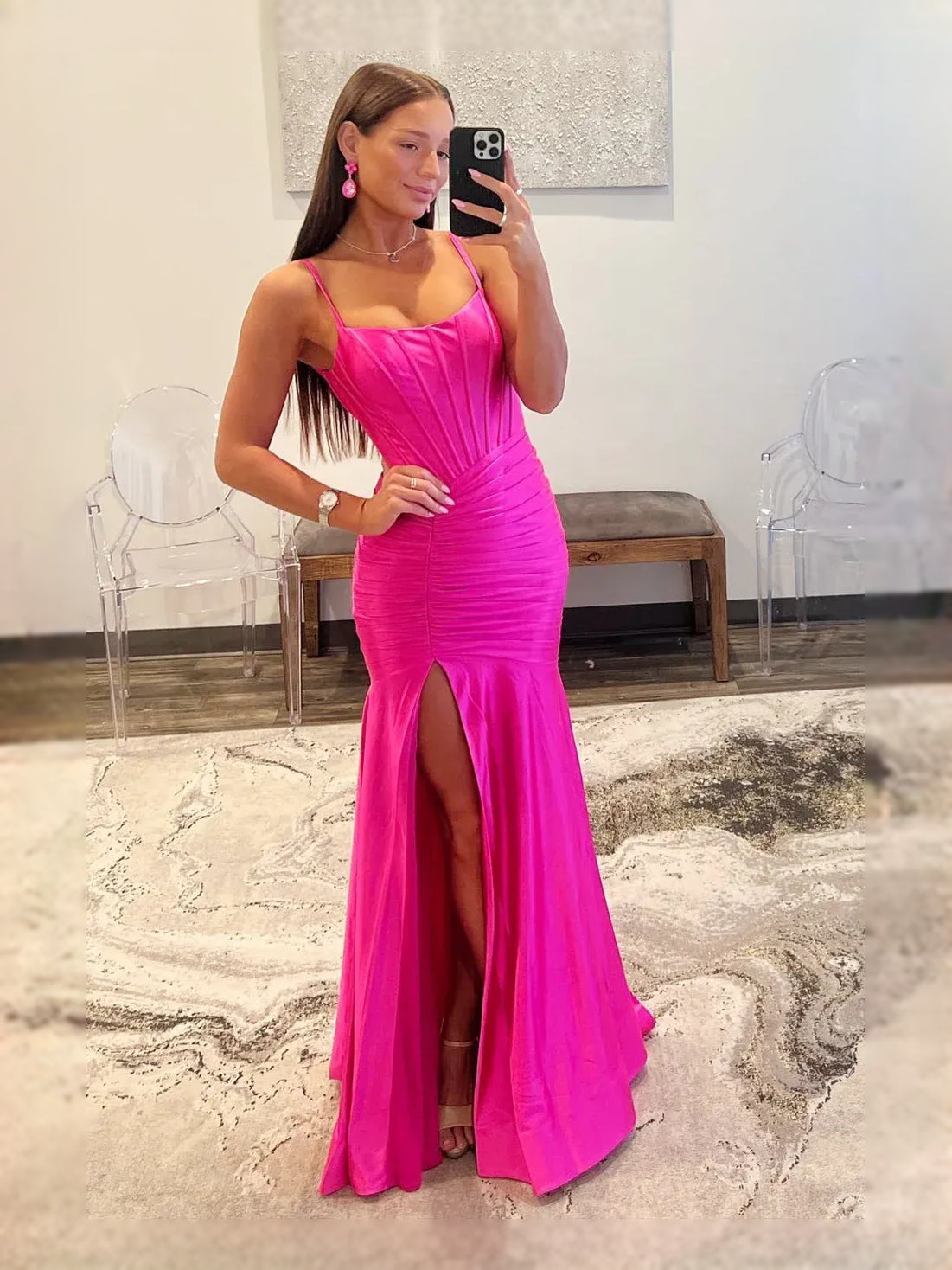 Hot Pink Ruched Draped Slit Backless Square Neck Mermaid Maxi Satin Prom Dress for Red Carpet Event