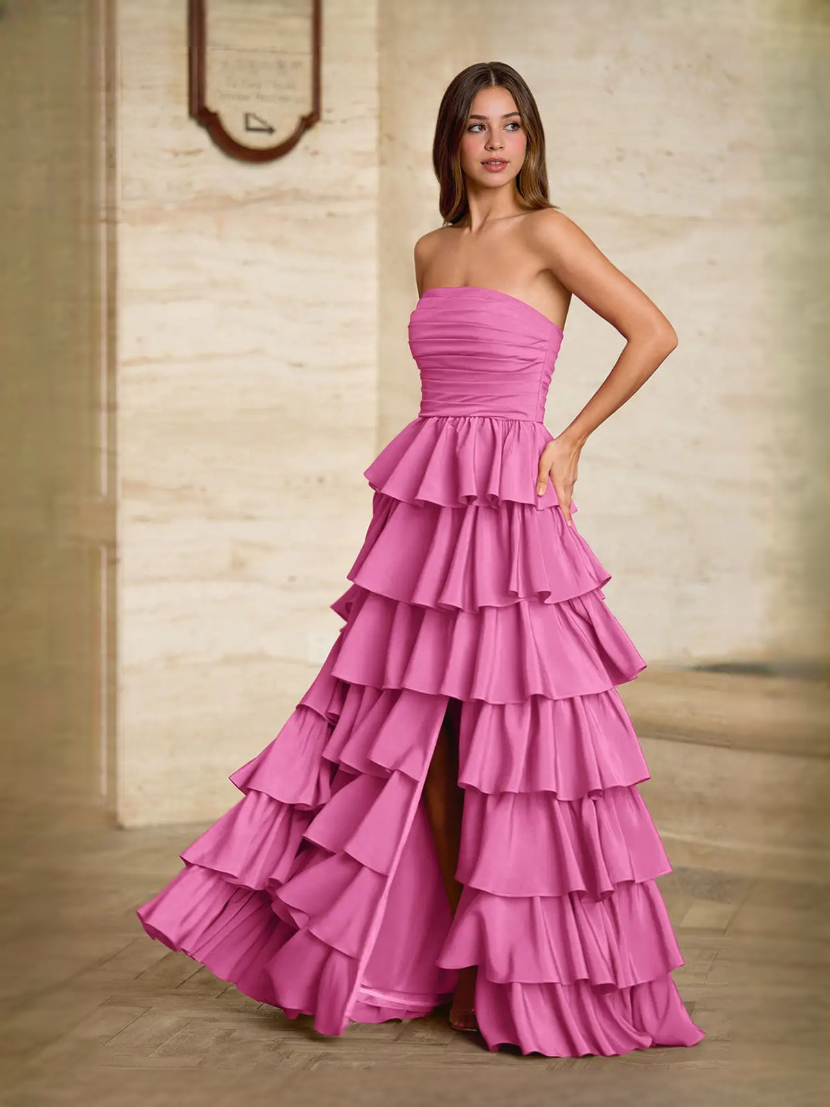 Ruched Ruffled Slit Strapless A-Line Maxi Satin Prom Dress for Senior Prom