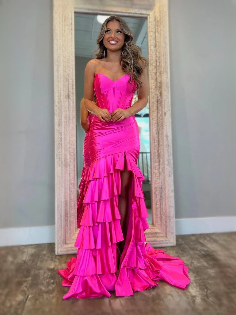 Hot Pink Ruched Draped Ruffled Slit Sweetheart Mermaid Maxi Satin Prom Dress for Pageant