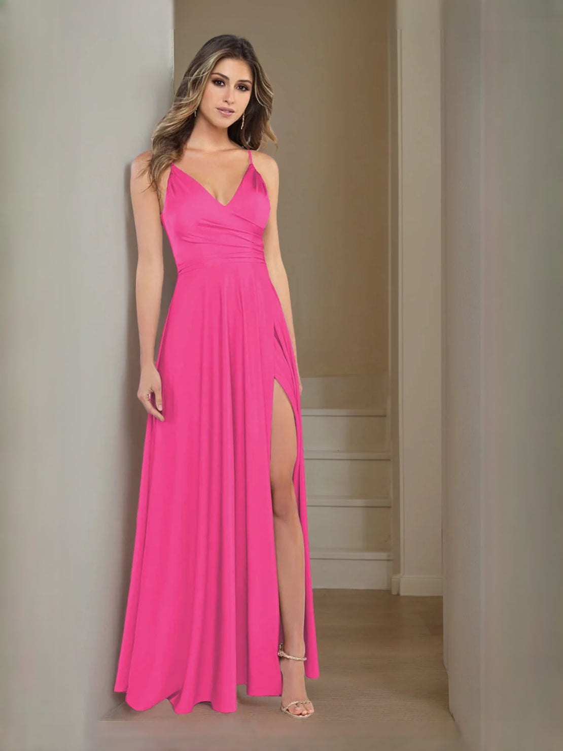 Slit V Neck A-Line Floor-Length Satin Bridesmaid Dress for Wedding Ceremony