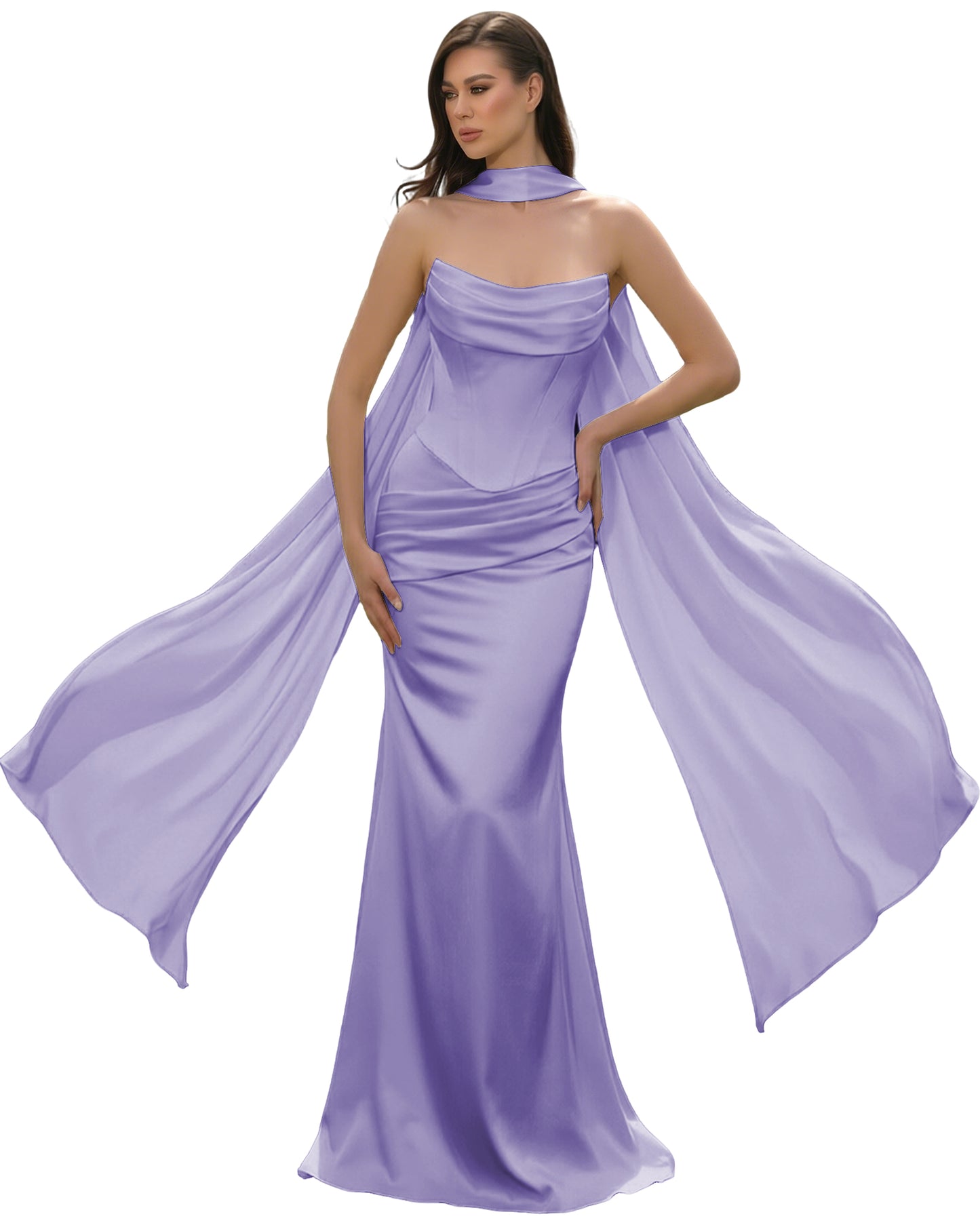Satin Corset Mermaid Bridesmaid Dress with Cowl Neck and Dramatic Scarf