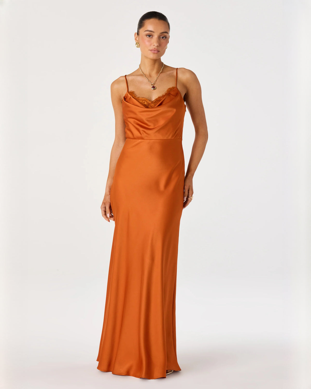 Graceful Special Occasion Cowl Neck Satin A-Line Maxi Bridesmaid Dress