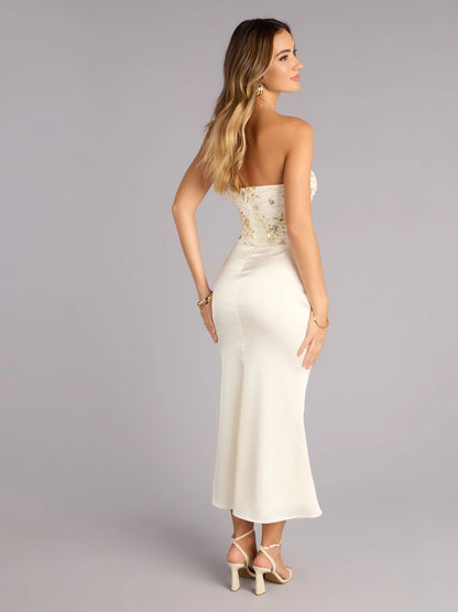 Satin Glow Strapless Beaded Midi Formal Dress