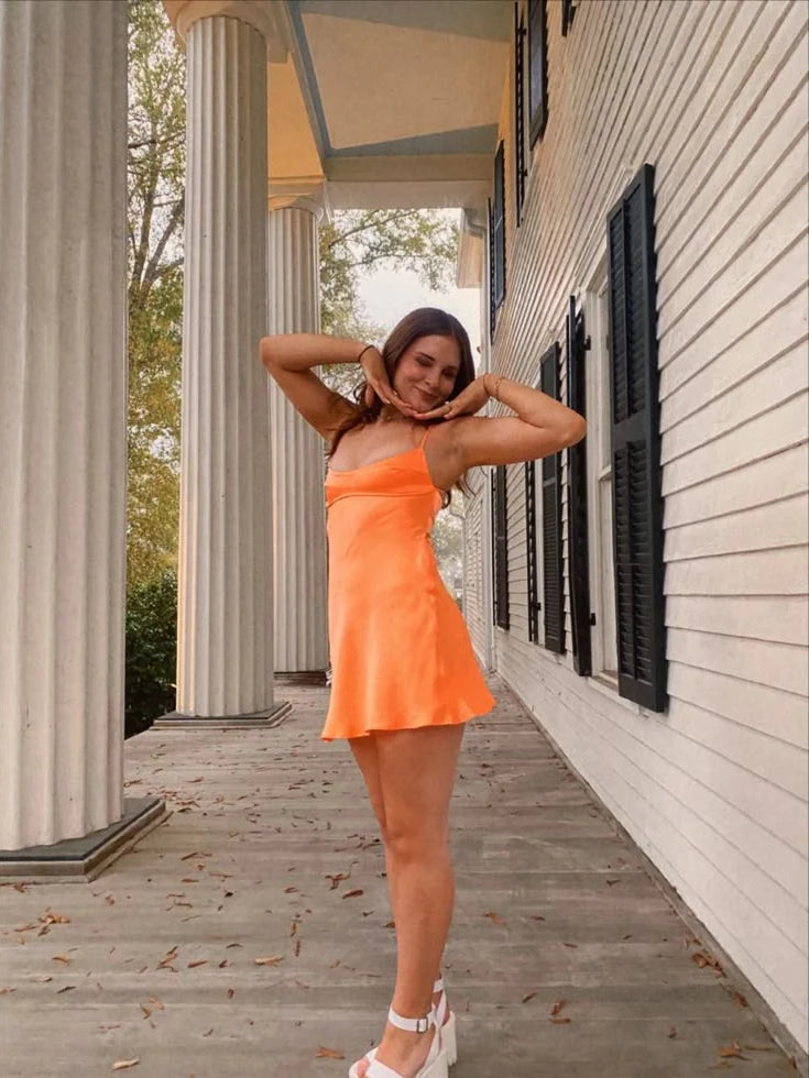 Orange Cut-Out Square Neck Slip Mini Satin Homecoming Dress for Formal Dinner