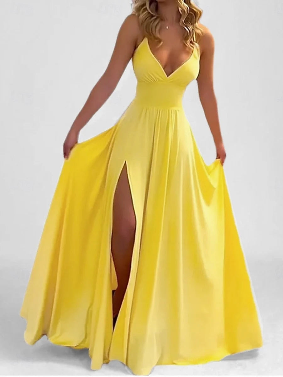 Ruched Side-Slit Slit V Neck A-Line Maxi Satin Prom Dress for Hotel Gala