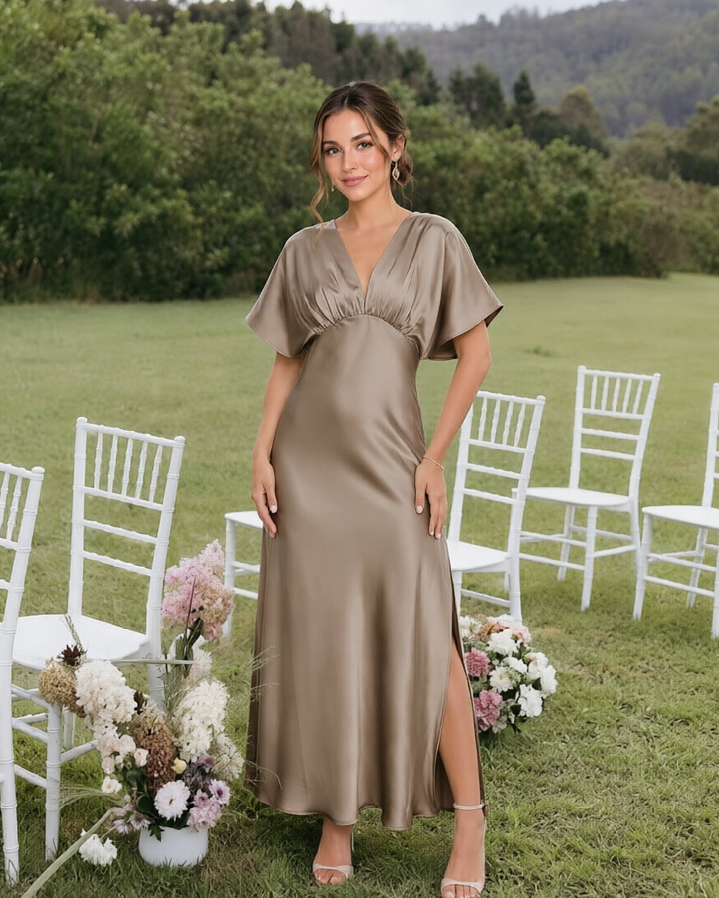 Empire Waist Satin Bridesmaid Dress with Flutter Sleeves and Side Slit