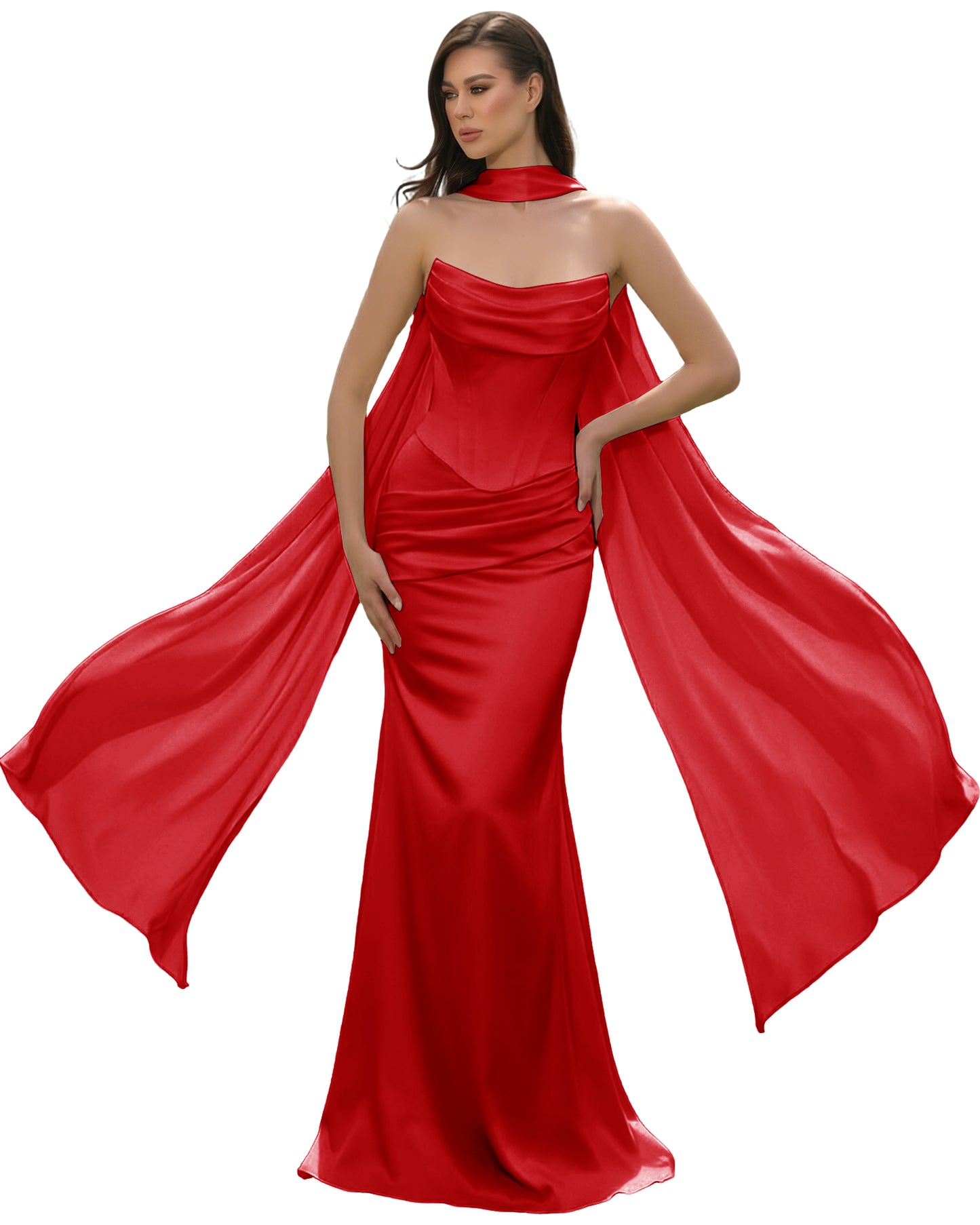 Satin Corset Mermaid Bridesmaid Dress with Cowl Neck and Dramatic Scarf